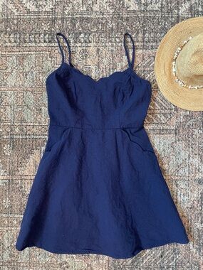 Pixley Navy Scallop Crissie Sundress Linen Blend Small